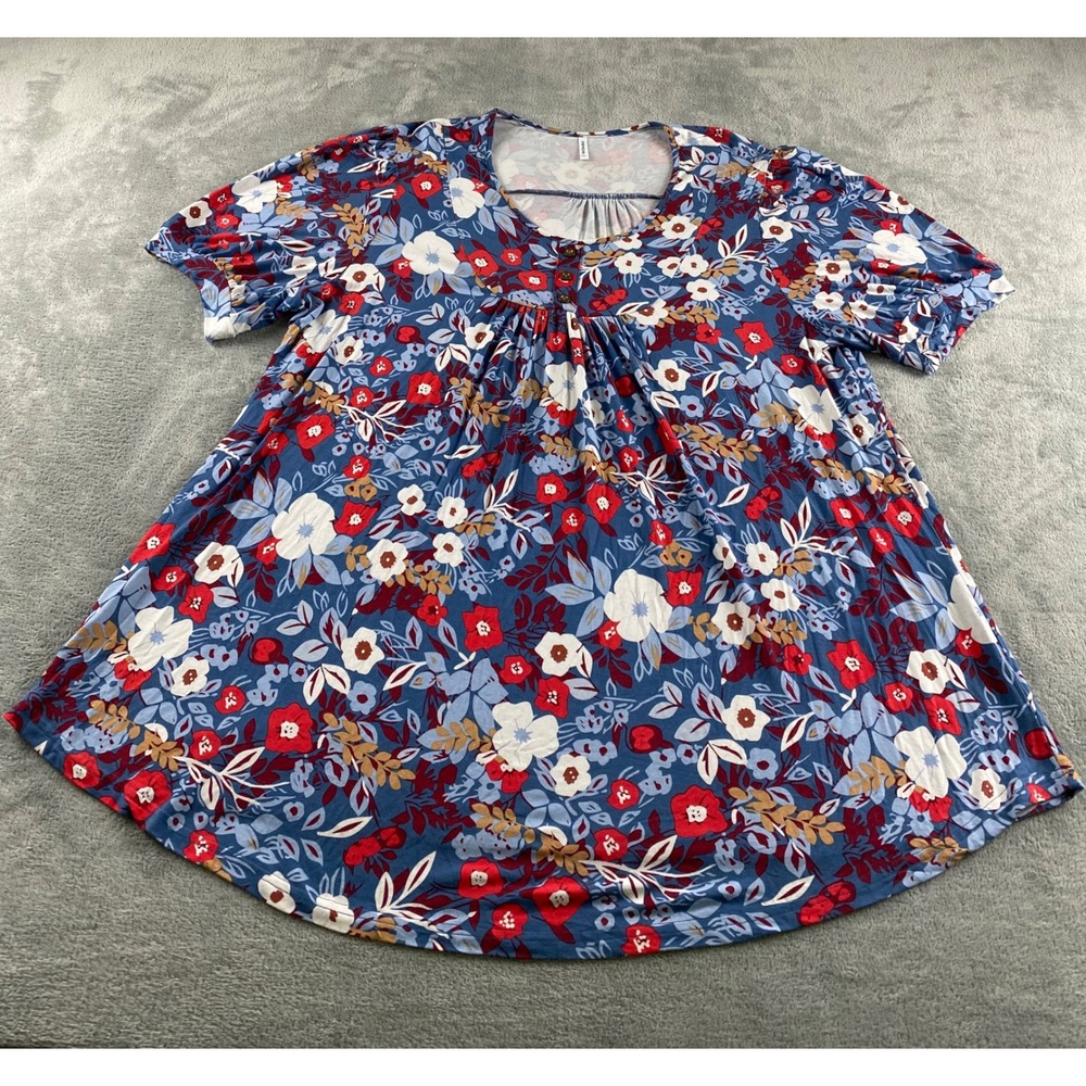 Popyoung Womens 3XL Floral Tunic Top Blue Red Short Sleeve Henley Blouse Flowy